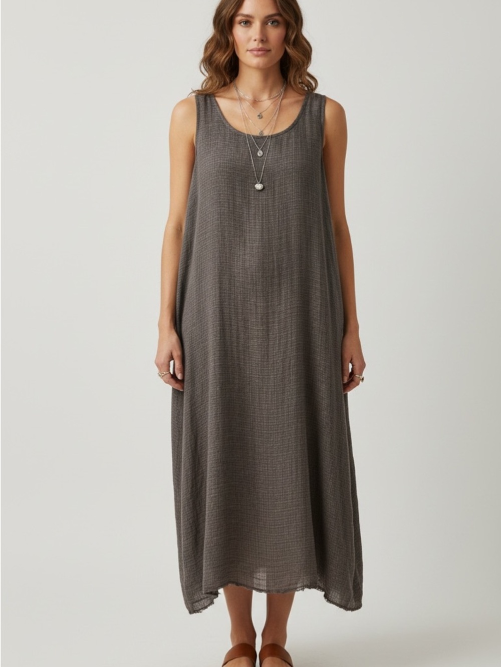 Eileen Fisher 100% Silk Midi Dress Size L Gray Brown Lined Sleeveless Lagenlook
